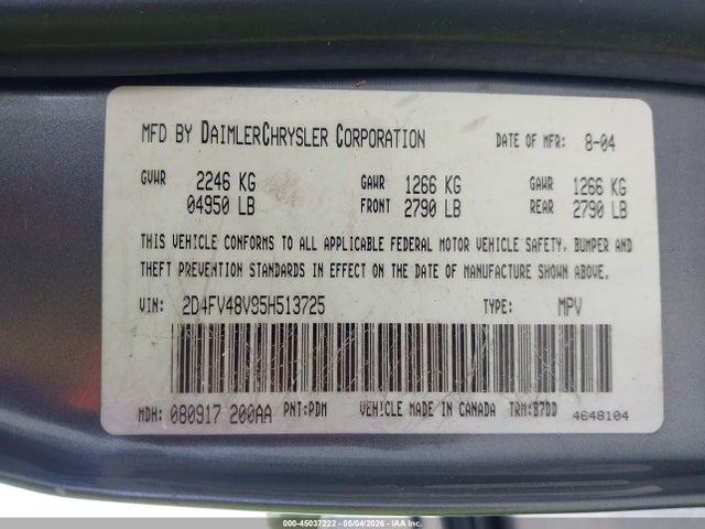 45037222 :رقم المزاد ، 2D4FV48V95H513725 vin ، 2005 Dodge Magnum Se مزاد بيع