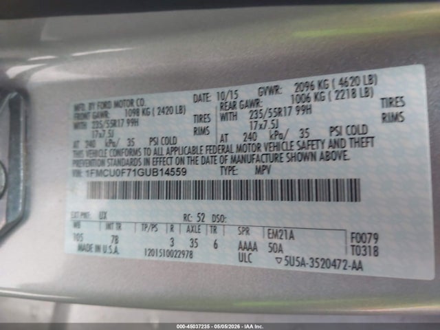 Aukcja sprzedaży 2016 Ford Escape S, vin: 1FMCU0F71GUB14559, numer aukcji: 45037235