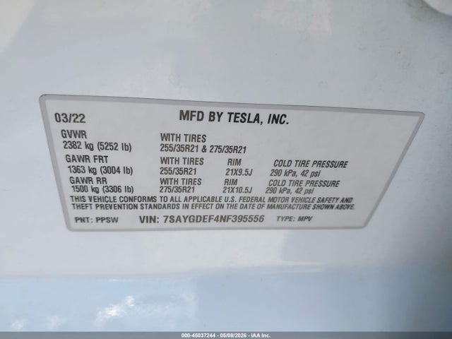 Aukcja sprzedaży 2022 Tesla Model Y Performance Dual Motor All-wheel Drive, vin: 7SAYGDEF4NF395556, numer aukcji: 45037244