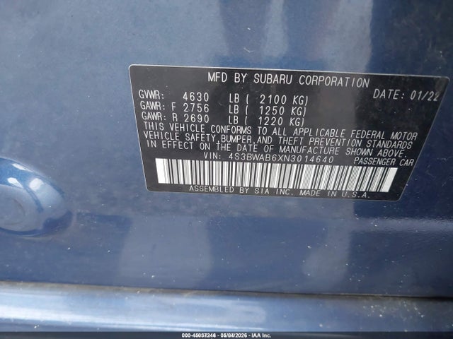 Aukcja sprzedaży 2022 Subaru Legacy, vin: 4S3BWAB6XN3014640, numer aukcji: 45037246