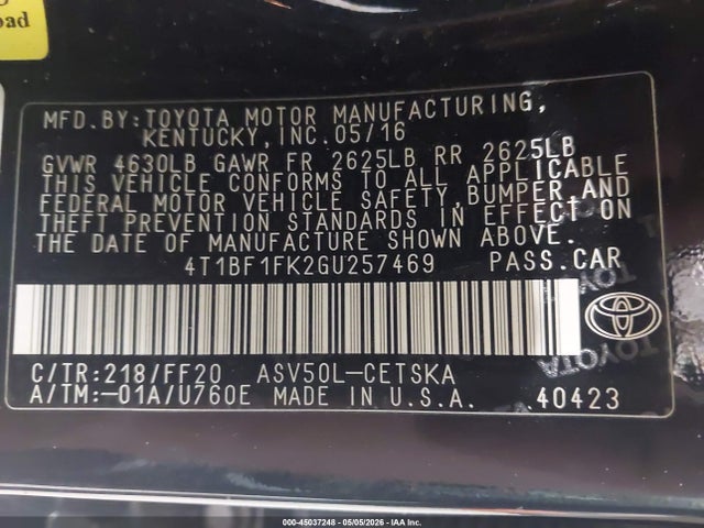 Aukcja sprzedaży 2016 Toyota Camry Se, vin: 4T1BF1FK2GU257469, numer aukcji: 45037248