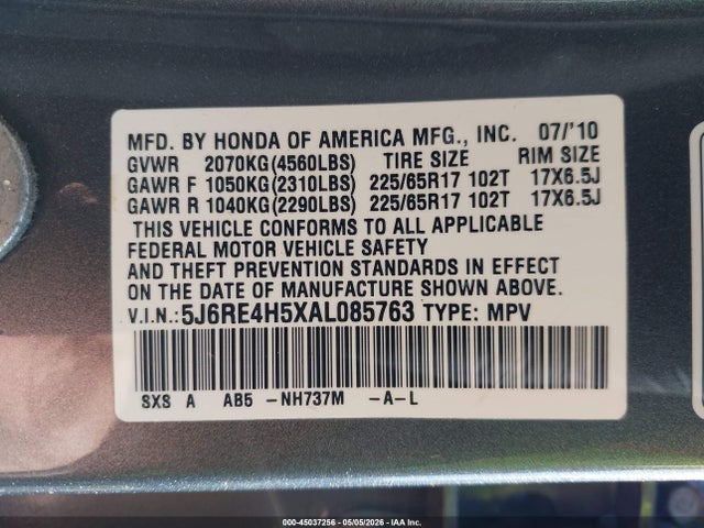 Продаж на аукціоні авто 2010 Honda Cr-v Ex, vin: 5J6RE4H5XAL085763, номер лоту: 45037256