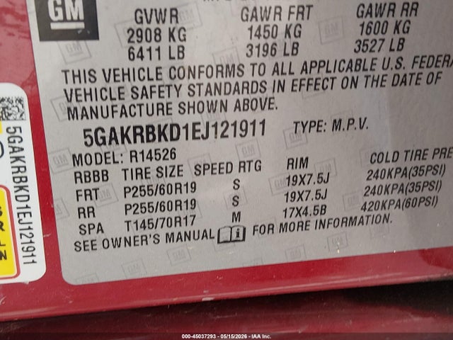 2014 Buick Enclave Leather მანქანა იყიდება აუქციონზე, vin: 5GAKRBKD1EJ121911, აუქციონის ნომერი: 45037293