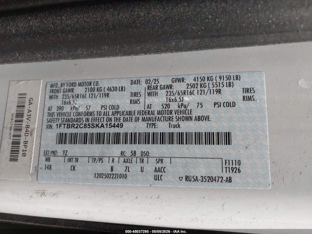 45037295 :رقم المزاد ، 1FTBR2C85SKA15449 vin ، 2025 Ford Transit-250 مزاد بيع