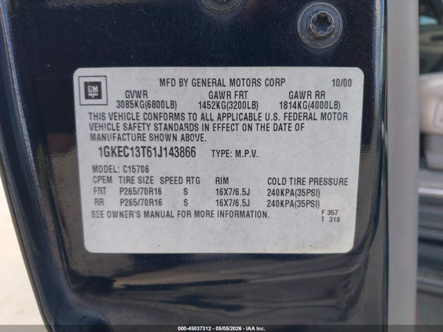 Aukcja sprzedaży 2001 Gmc Yukon Slt, vin: 1GKEC13T61J143866, numer aukcji: 45037312