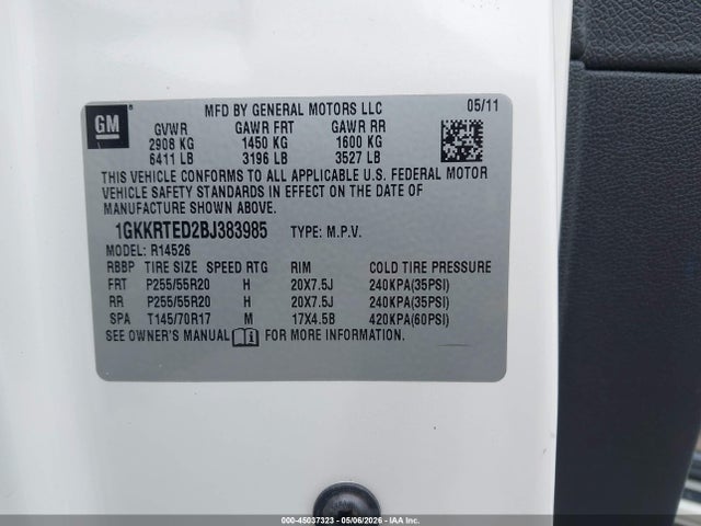 Aukcja sprzedaży 2011 Gmc Acadia Denali, vin: 1GKKRTED2BJ383985, numer aukcji: 45037323