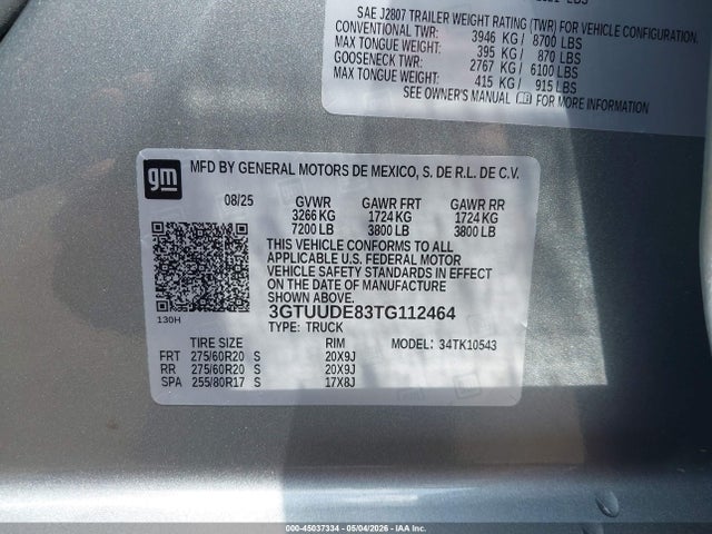 Aukcja sprzedaży 2026 Gmc Sierra 1500, vin: 3GTUUDE83TG112464, numer aukcji: 45037334