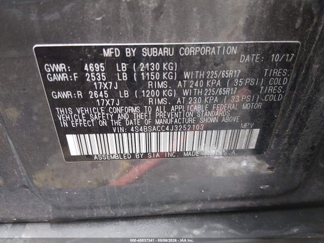 2018 Subaru Outback 2.5i Premium მანქანა იყიდება აუქციონზე, vin: 4S4BSACC4J3252103, აუქციონის ნომერი: 45037341