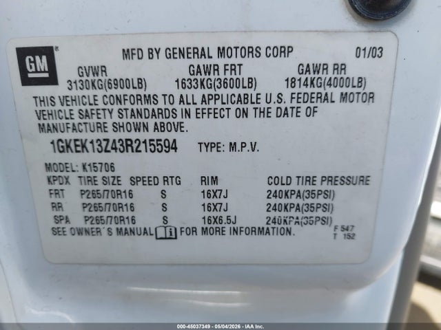 Aukcja sprzedaży 2003 Gmc Yukon Slt, vin: 1GKEK13Z43R215594, numer aukcji: 45037349
