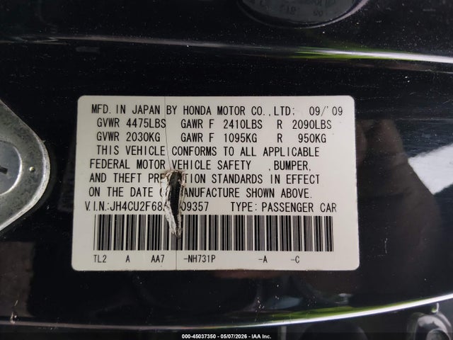 2010 Acura Tsx 2.4 მანქანა იყიდება აუქციონზე, vin: JH4CU2F68AC009357, აუქციონის ნომერი: 45037350