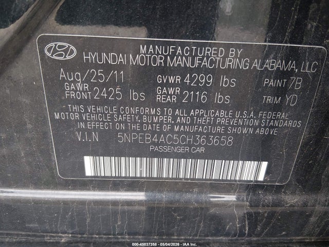 Aukcja sprzedaży 2012 Hyundai Sonata Gls, vin: 5NPEB4AC5CH363658, numer aukcji: 45037358
