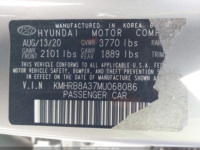 2021 Hyundai Venue Se მანქანა იყიდება აუქციონზე, vin: KMHRB8A37MU068086, აუქციონის ნომერი: 45037359