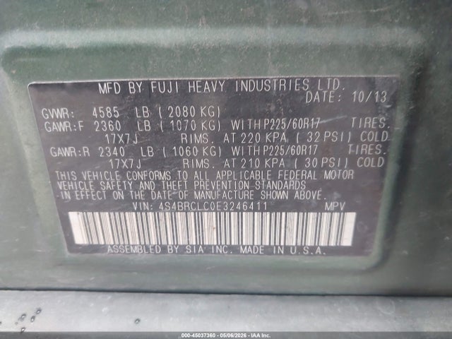 Продаж на аукціоні авто 2014 Subaru Outback 2.5i Limited, vin: 4S4BRCLC0E3246411, номер лоту: 45037360