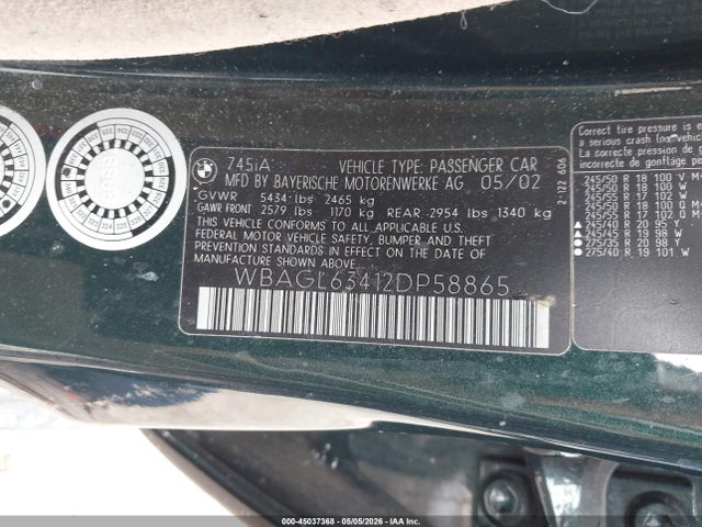 Продаж на аукціоні авто 2002 Bmw 745i, vin: WBAGL63412DP58865, номер лоту: 45037368