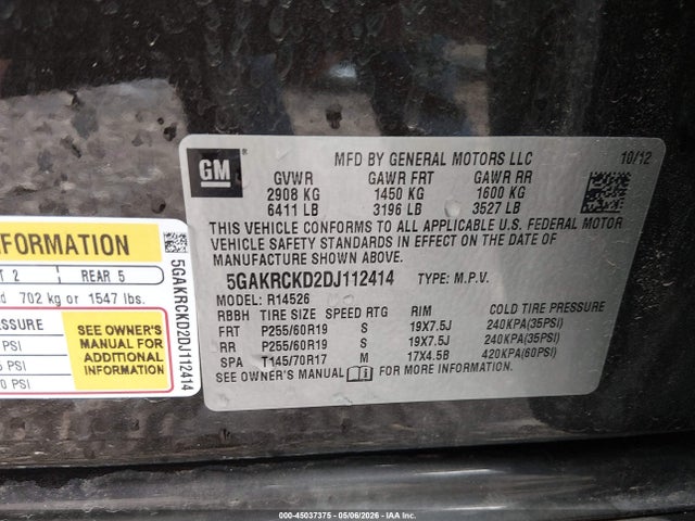 45037375 :رقم المزاد ، 5GAKRCKD2DJ112414 vin ، 2013 Buick Enclave Leather مزاد بيع
