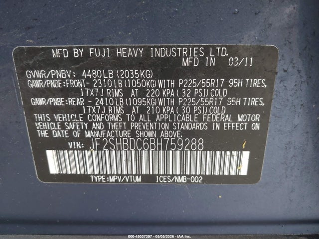 2011 Subaru Forester 2.5x Premium მანქანა იყიდება აუქციონზე, vin: JF2SHBDC6BH759288, აუქციონის ნომერი: 45037397