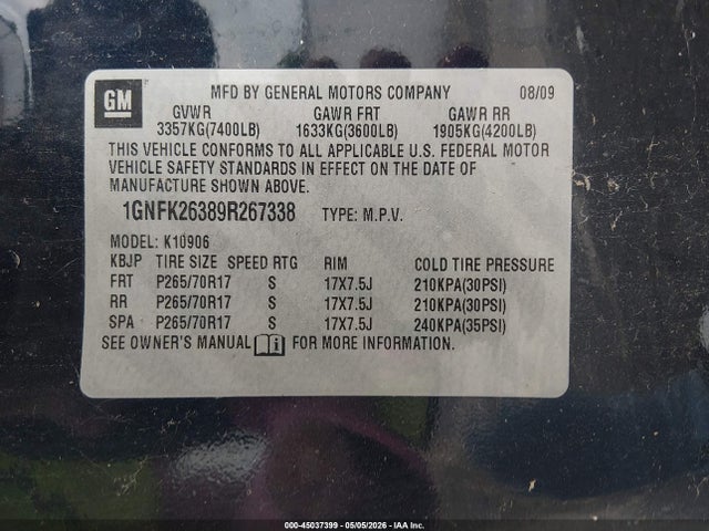 2009 Chevrolet Suburban 1500 Lt2 მანქანა იყიდება აუქციონზე, vin: 1GNFK26389R267338, აუქციონის ნომერი: 45037399