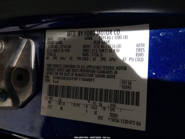 45037402 :رقم المزاد ، NM0GE9G79F1194681 vin ، 2015 Ford Transit Connect Titanium مزاد بيع