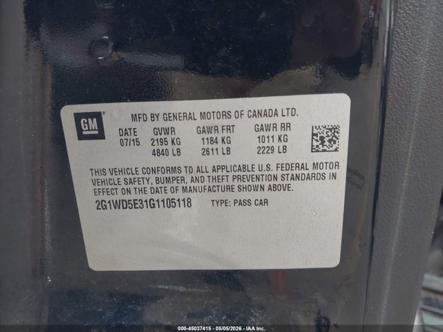 Продаж на аукціоні авто 2016 Chevrolet Impala Limited Police, vin: 2G1WD5E31G1105118, номер лоту: 45037415