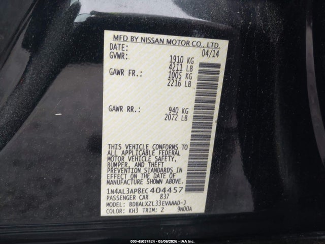 45037424 :رقم المزاد ، 1N4AL3AP8EC404457 vin ، 2014 Nissan Altima 2.5 Sl مزاد بيع