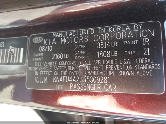 Продаж на аукціоні авто 2010 Kia Forte Ex, vin: KNAFU4A20A5309281, номер лоту: 45037431