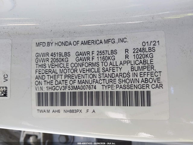 1HGCV3F53MA007674 Honda Accord Hybrid Ex-l