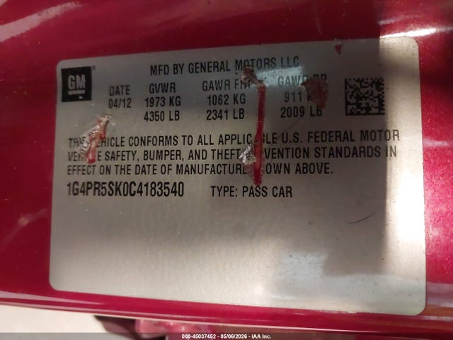 2012 Buick Verano Convenience Group მანქანა იყიდება აუქციონზე, vin: 1G4PR5SK0C4183540, აუქციონის ნომერი: 45037452
