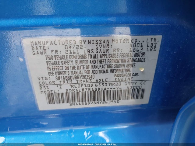 Продаж на аукціоні авто 2022 Nissan Sentra Sr Xtronic Cvt, vin: 3N1AB8DV8NY263940, номер лоту: 45037461
