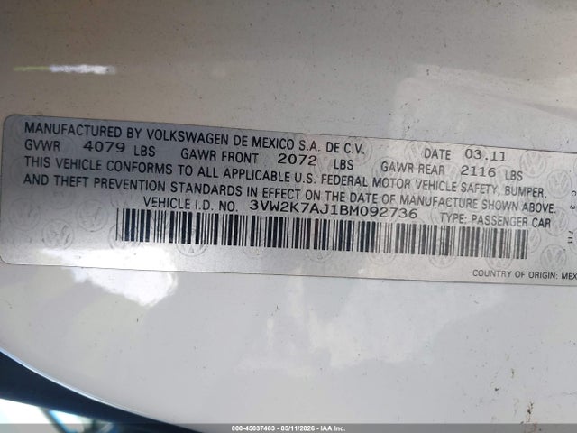 Aukcja sprzedaży 2011 Volkswagen Jetta 2.0l S, vin: 3VW2K7AJ1BM092736, numer aukcji: 45037463