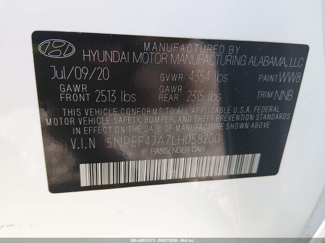 2020 Hyundai Sonata Sel მანქანა იყიდება აუქციონზე, vin: 5NPEF4JA7LH058200, აუქციონის ნომერი: 45037473