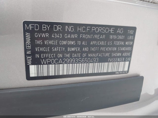 Продажа на аукционе авто 2003 Porsche 911 Carrera/carrera 4, vin: WP0CA29993S650493, номер лота: 45037474