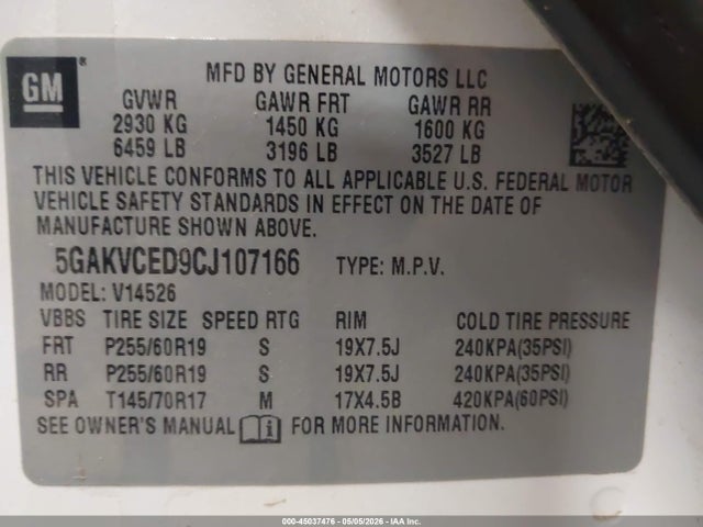 2012 Buick Enclave Leather მანქანა იყიდება აუქციონზე, vin: 5GAKVCED9CJ107166, აუქციონის ნომერი: 45037476