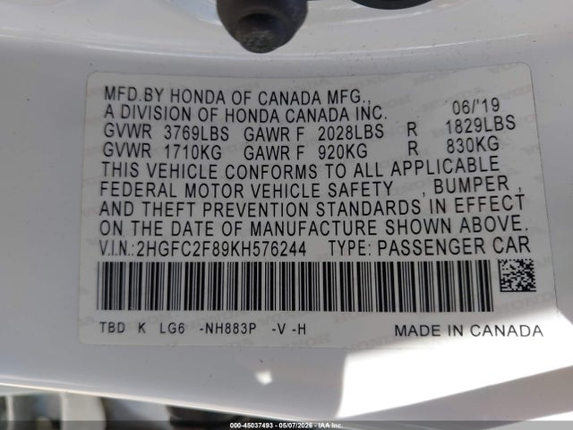 Продаж на аукціоні авто 2019 Honda Civic Sport, vin: 2HGFC2F89KH576244, номер лоту: 45037493