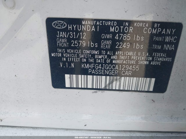 2012 Hyundai Azera მანქანა იყიდება აუქციონზე, vin: KMHFG4JG0CA129455, აუქციონის ნომერი: 45037497