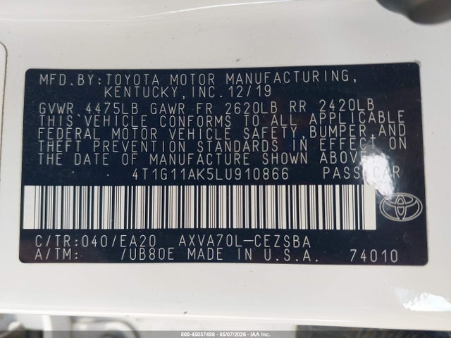 Aukcja sprzedaży 2020 Toyota Camry Se, vin: 4T1G11AK5LU910866, numer aukcji: 45037498