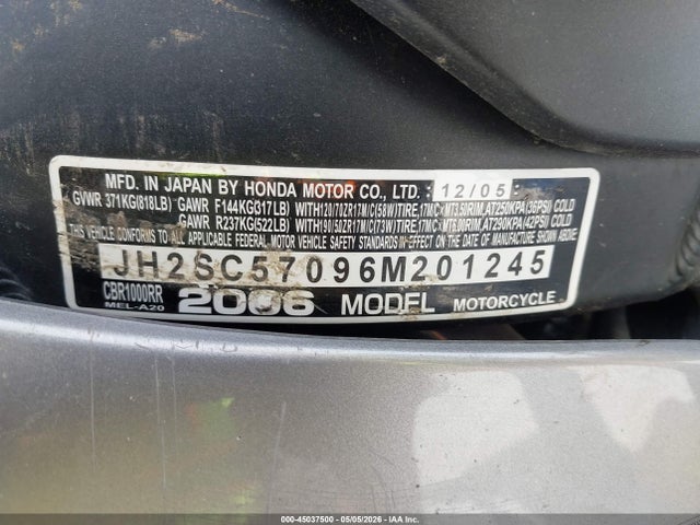 45037500 :رقم المزاد ، JH2SC57096M201245 vin ، 2006 Honda Cbr1000 Rr مزاد بيع