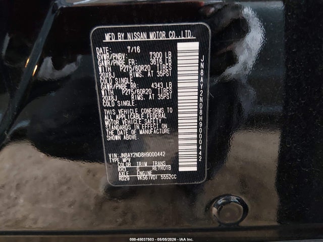 JN8AY2ND8H9000442 Nissan Armada Sl