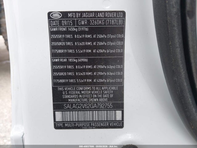 Aukcja sprzedaży 2016 Land Rover Lr4, vin: SALAG2V62GA792755, numer aukcji: 45037506