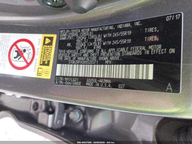Aukcja sprzedaży 2017 Toyota Highlander Se, vin: 5TDKZRFH2HS520371, numer aukcji: 45037508