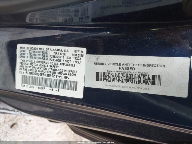 2014 Honda Odyssey Ex-l მანქანა იყიდება აუქციონზე, vin: 5FNRL5H64EB130392, აუქციონის ნომერი: 45037527