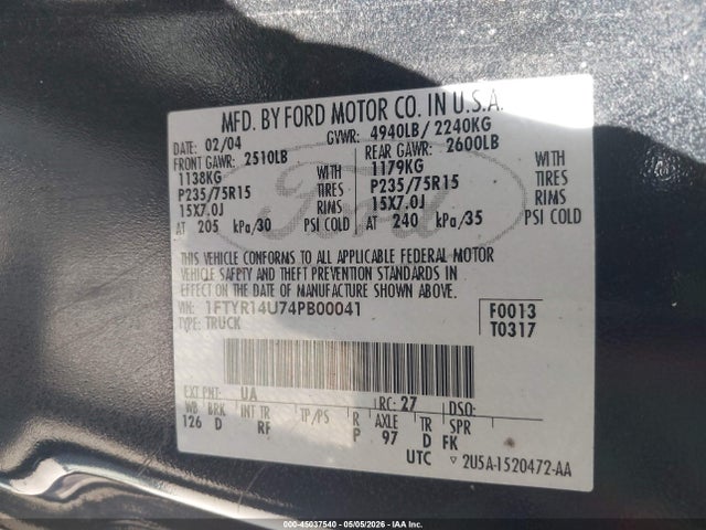 Продажа на аукционе авто 2004 Ford Ranger Edge/tremor/xl/xlt, vin: 1FTYR14U74PB00041, номер лота: 45037540