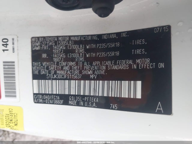 45037549 :رقم المزاد ، 5TDJK3DC3FS115637 vin ، 2015 Toyota Sienna Le 7 Passenger مزاد بيع