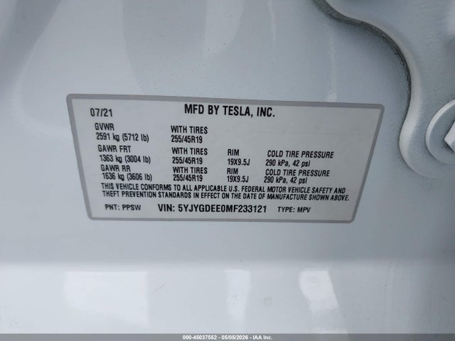 2021 Tesla Model Y Long Range Dual Motor All-wheel Drive მანქანა იყიდება აუქციონზე, vin: 5YJYGDEE0MF233121, აუქციონის ნომერი: 45037552