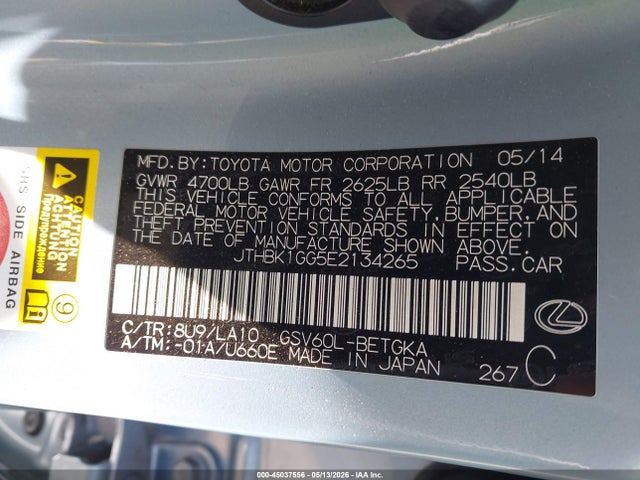 Aukcja sprzedaży 2014 Lexus Es 350, vin: JTHBK1GG5E2134265, numer aukcji: 45037556