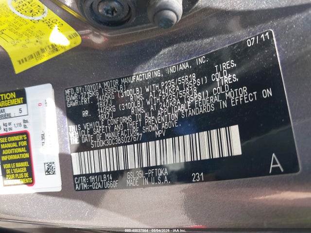 45037564 :رقم المزاد ، 5TDDK3DC3BS027677 vin ، 2011 Toyota Sienna Xle مزاد بيع