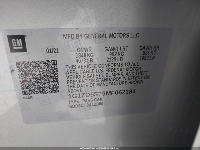 45037574 :رقم المزاد ، 1G1ZD5ST9MF062184 vin ، 2021 Chevrolet Malibu Fwd Lt مزاد بيع