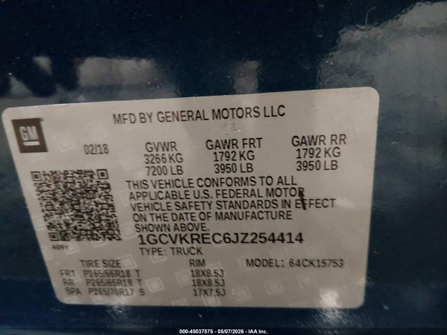 1GCVKREC6JZ254414 Chevrolet Silverado 1500 2lt