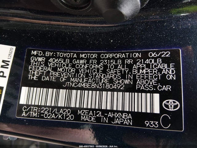 Продаж на аукціоні авто 2022 Toyota Corolla Xse, vin: JTNC4MBE8N3180492, номер лоту: 45037583