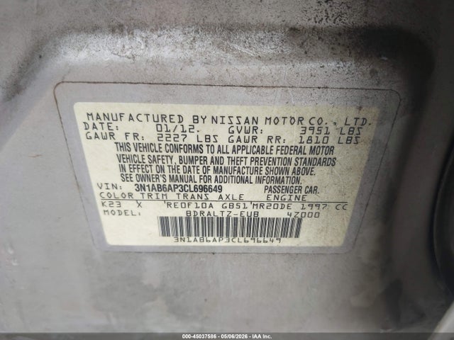 45037586 :رقم المزاد ، 3N1AB6AP3CL696649 vin ، 2012 Nissan Sentra 2.0 S مزاد بيع