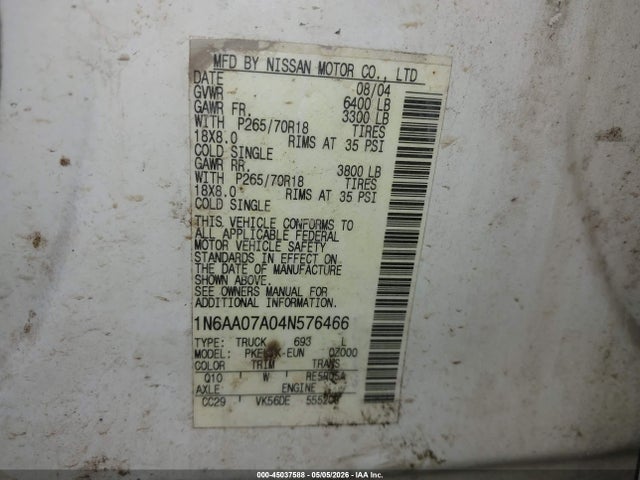 2004 Nissan Titan Se მანქანა იყიდება აუქციონზე, vin: 1N6AA07A04N576466, აუქციონის ნომერი: 45037588